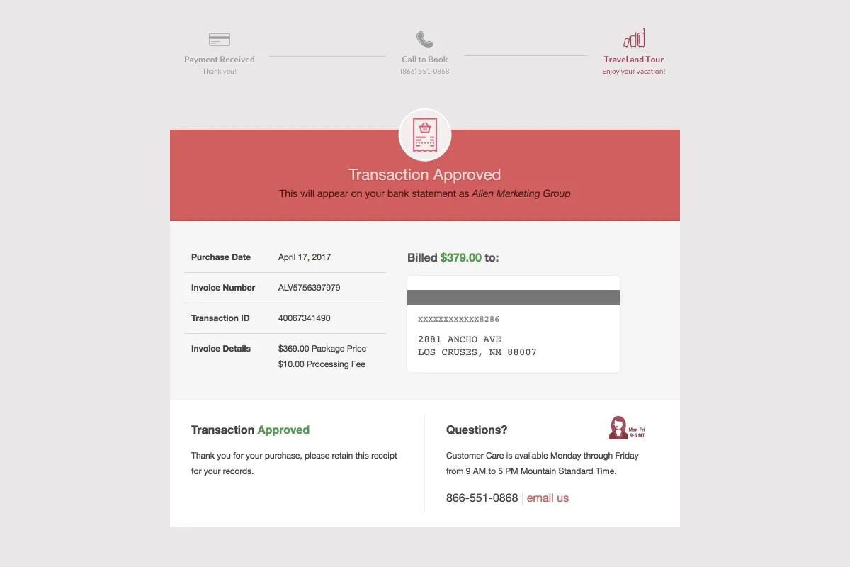 Automatically generated booking receipt