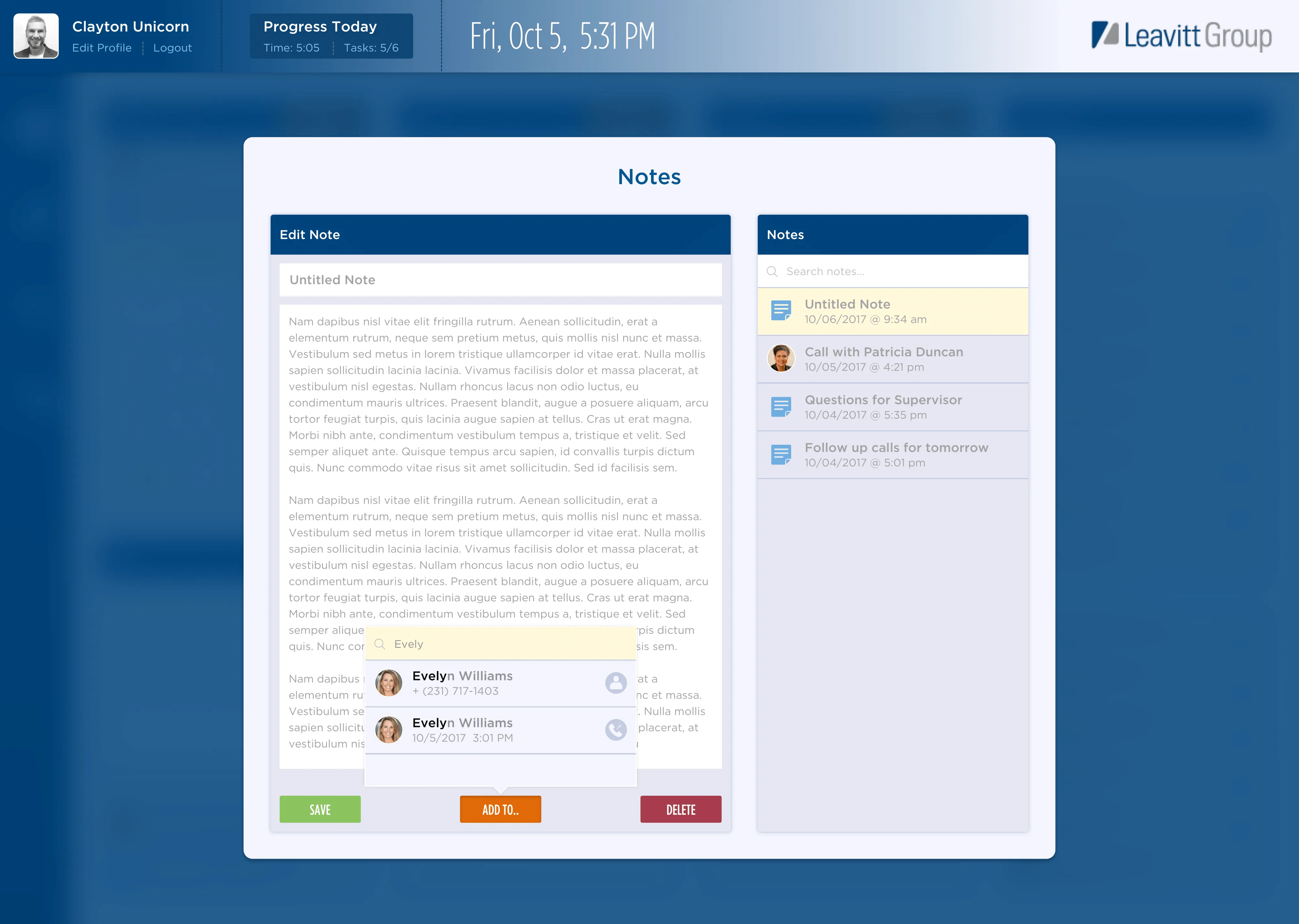 Notes and contacts management in the Foxtrot VoIP app