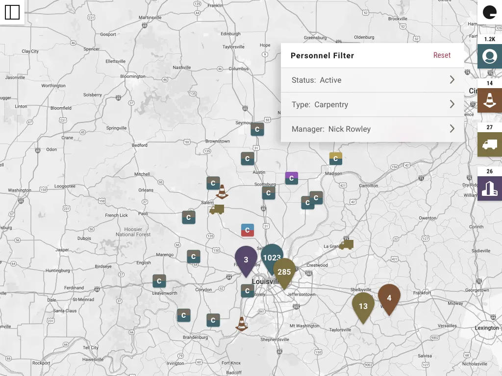 Map view in Elements with pins marking personnel and project locations