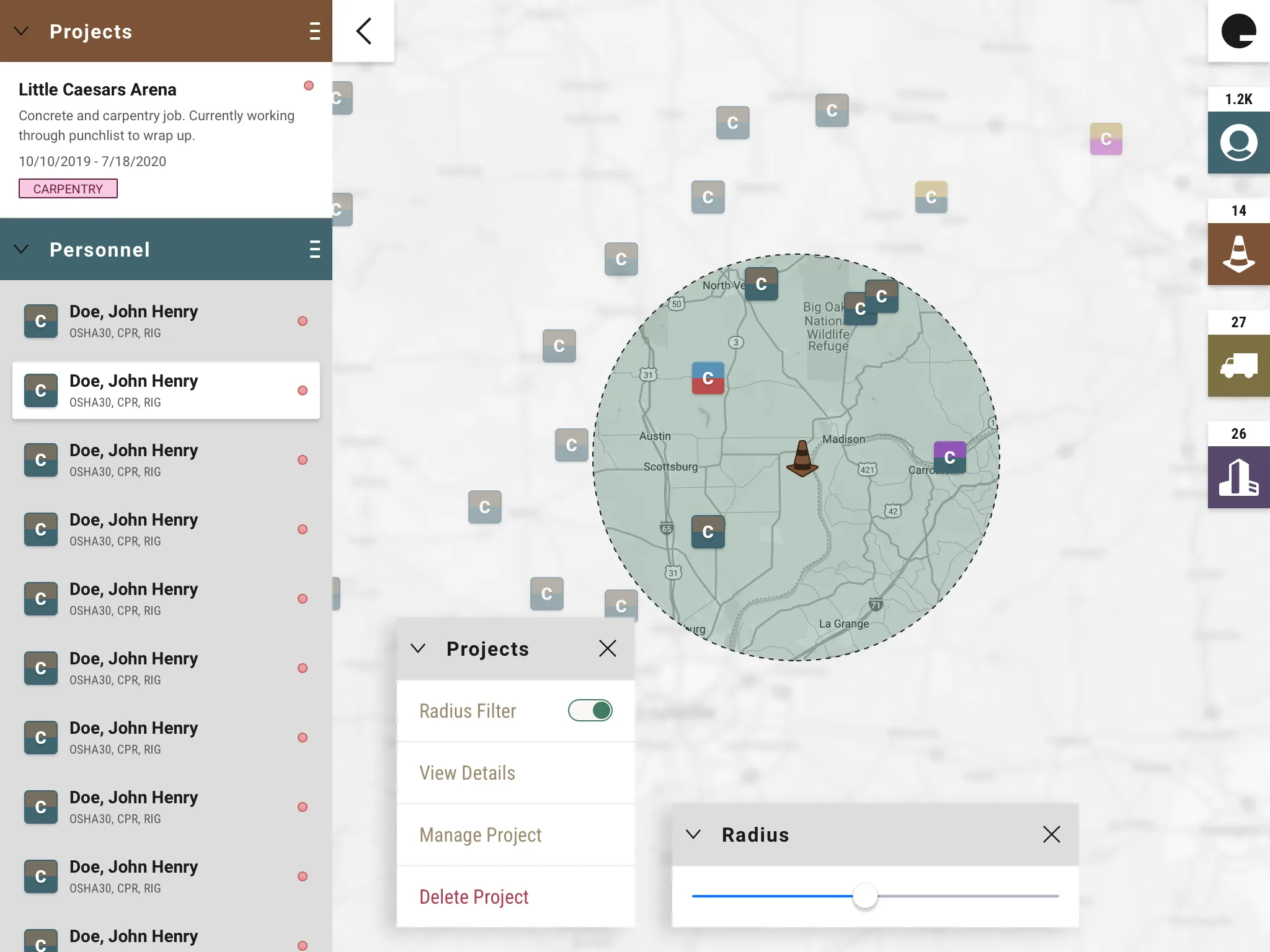 Radius search in the Elements app showing personnel near a project site