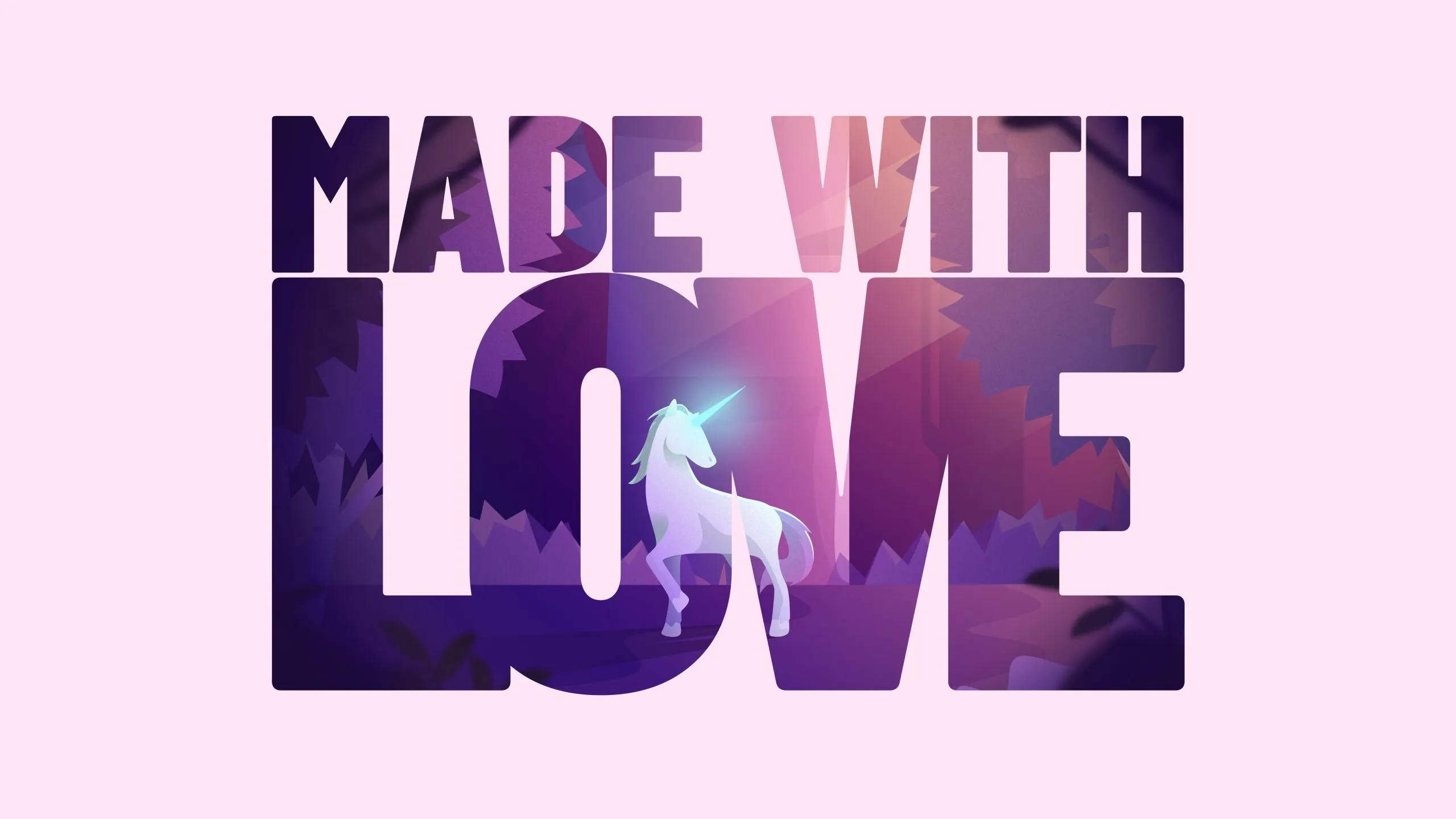 Typographic artwork reading MADE WITH LOVE, a unicorn glowing in a violet forest inside the letters