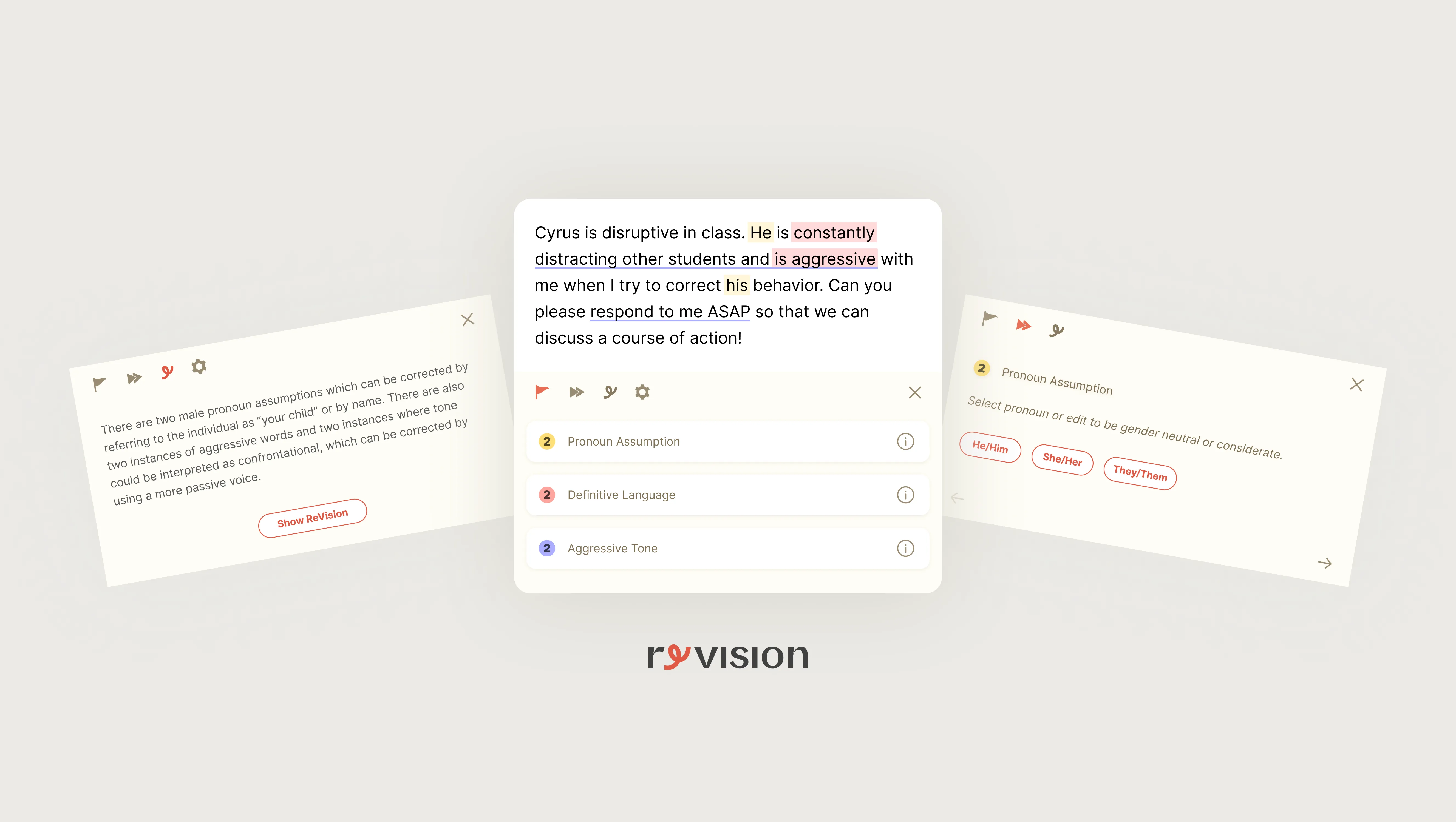 The ReVision editor highlighting biased language in a document