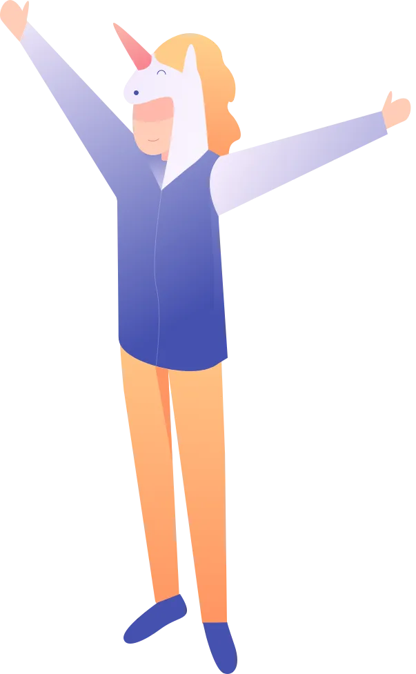 Illustration of a man in a unicorn hoodie flying upward