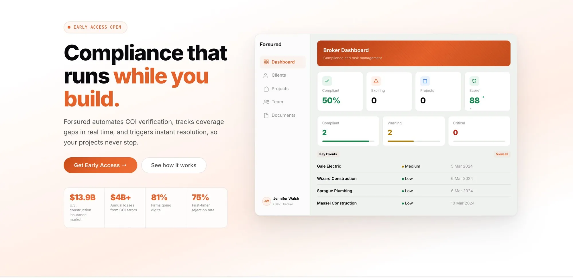 Forsured homepage — "Compliance that runs while you build" beside a broker compliance dashboard