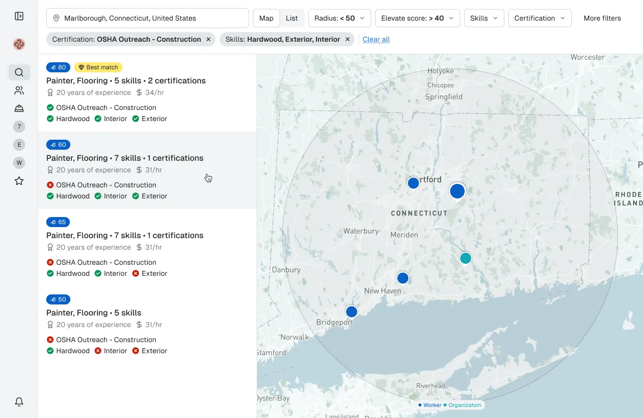 Elevate app screenshot showing a map-based search for skilled trade workers in Connecticut, filtered by skills, certifications, and Elevate score
