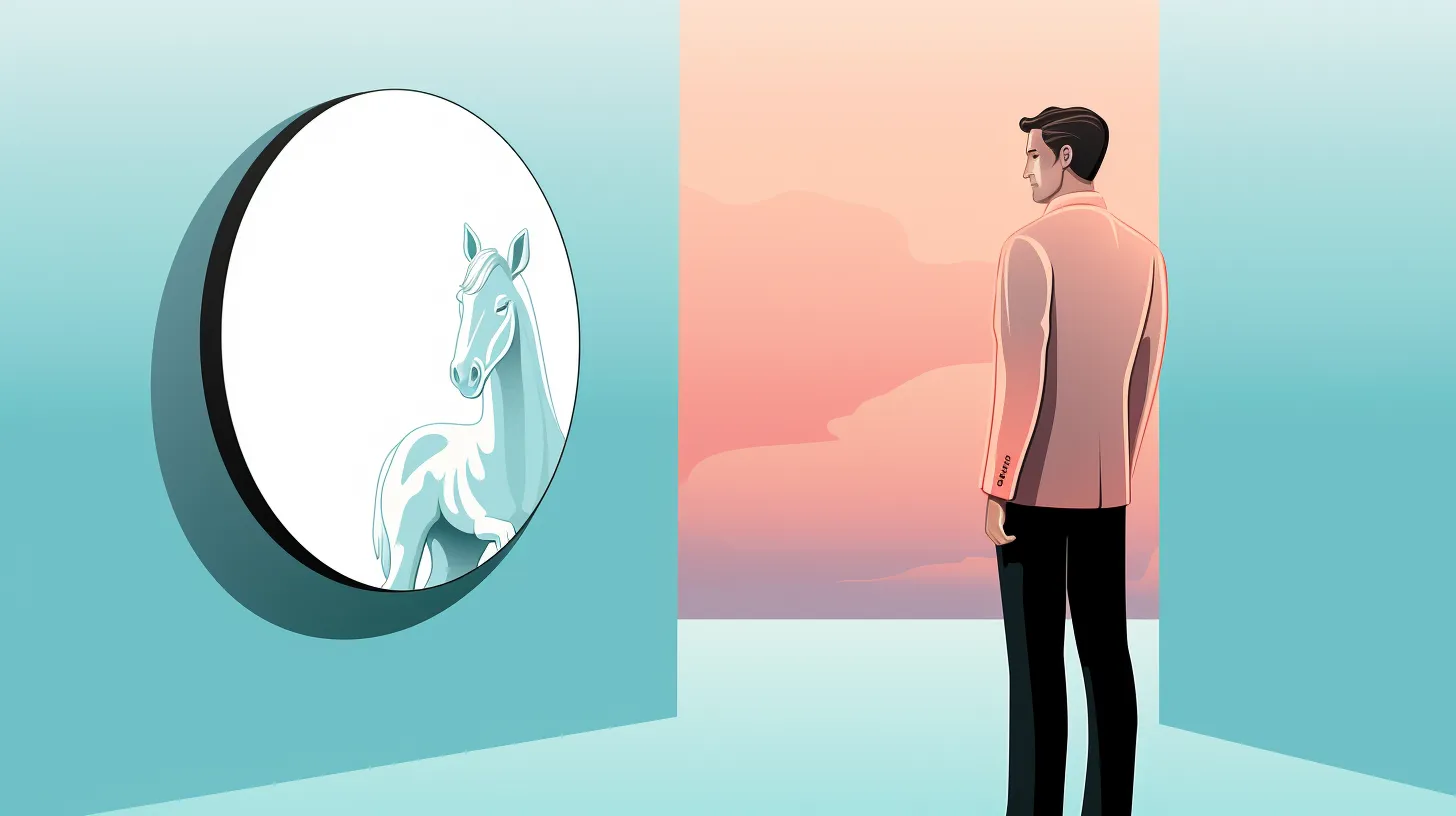 Illustration of a man looking into a mirror and seeing a unicorn